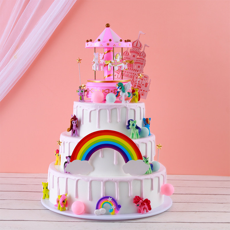 Three layers of net red cartoon rainbow horse sleep baby children's cake model simulation 2021 new plastic birthday