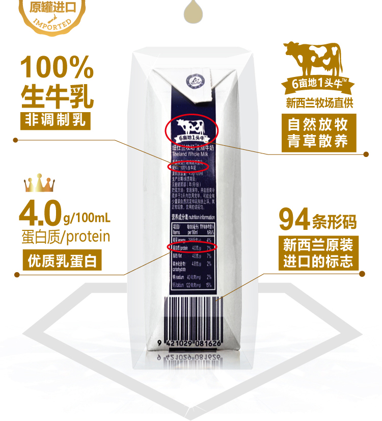 【临期】纽仕兰4.0g蛋白全脂纯牛奶250ml*24