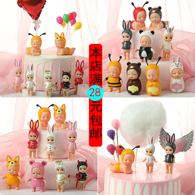 Party Birthday Cake Baking Decoration Devil Angel Unicorn Doll Sleep Baby Rabbit Small Bee Swing Piece