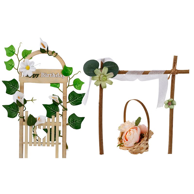 Small flower basket hem Birthday Cake decoration Mori with wind green vines Flowers Hedge wood Wooden Door Baking Cake Decoration