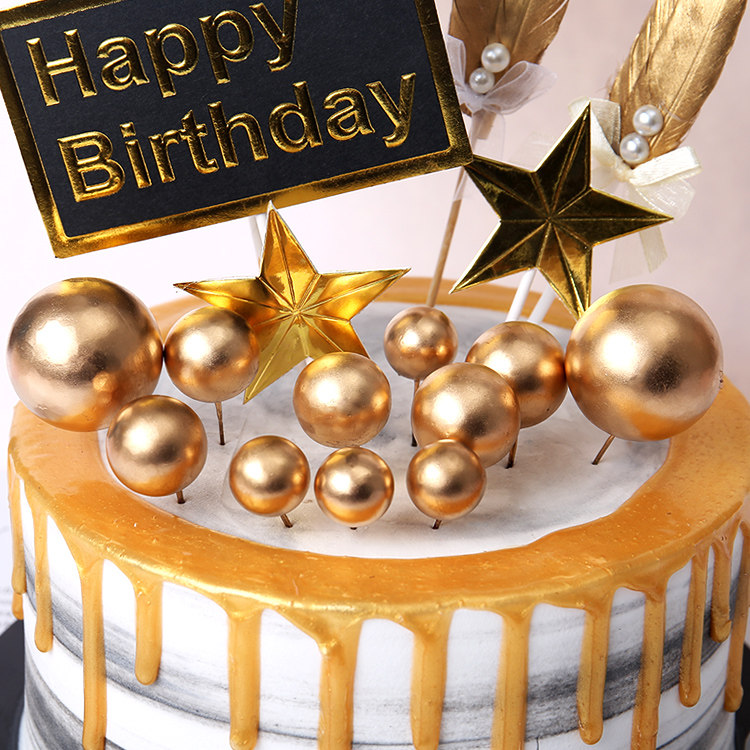 Cake Decoration Balls Ball Black Gold Series Metal Round Ball Plug-in Bright sheet Happy Birthday happy birthday Happy Birthday