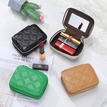 New Genuine Leather Lipstick Bag Mini Small Bag for Women with Portable Mirror, Trendy ins Hand-Held Storage Makeup Bag