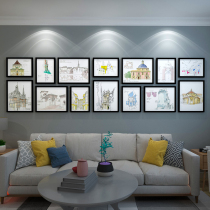 Architectural sketch photo framed painting solid wood large size display sketch hanging painting art academy decorative photo wall