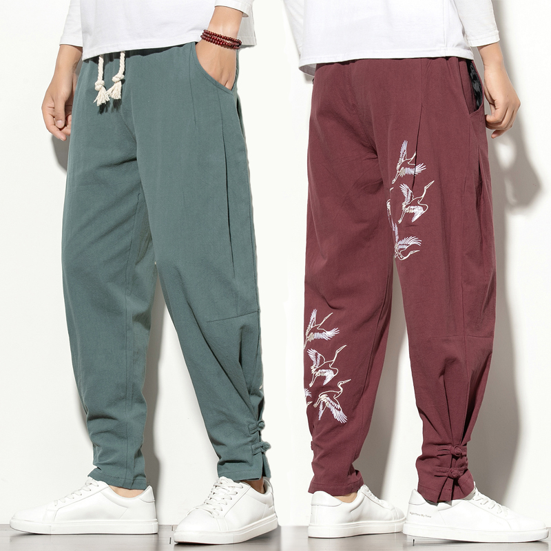 China Wind Men's Clothing Linen Retro Style Hanfu Pants Big Size Loose Chinese Cotton Linen Embroidery Tangi Kharen Pants Autumn