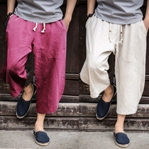 Summer seven-point pants mens beach pants shorts Chinese style cotton hemp loose linen casual Thai large size fat trend