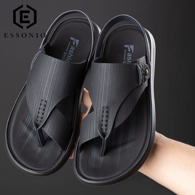 ESSONIO slippers male outwear 2022 Summer new wave driving clip feet non-slip genuine leather herringbone sandals men