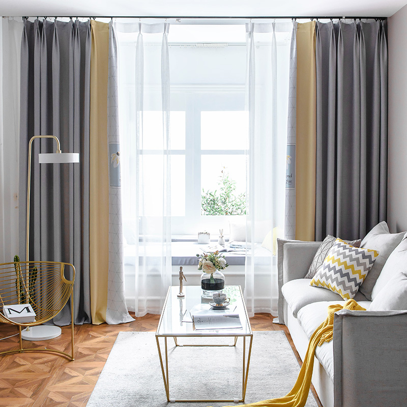 Blackout curtains Nordic simple living room custom thermal insulation sunscreen sunshade bedroom print colorblock Korean warm full cloth