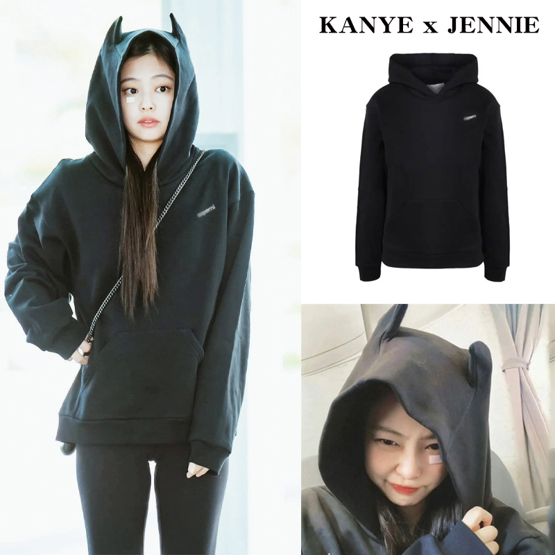 Correct Version of Jennie's Same Style Little Devil Hooded Sweatshirt, American Simple Solid Color Fleece-Lined Jacket for Women