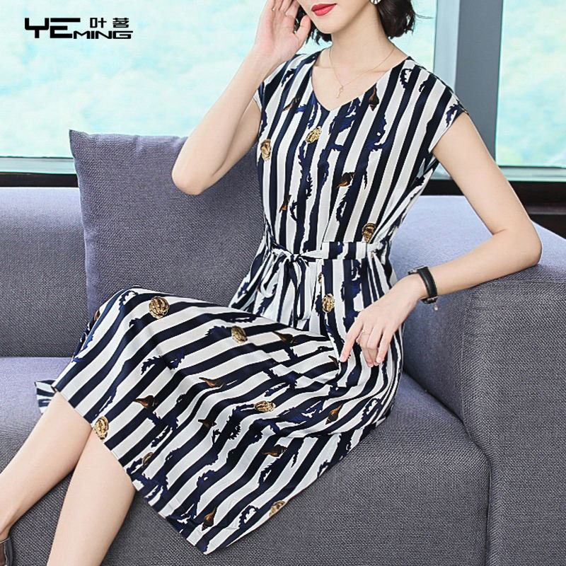 Mrs Wide True Silk Dress 2022 Summer New Collection Waist Display Slim Short Sleeve Striped Fashion Temperament Big Size Women Dress