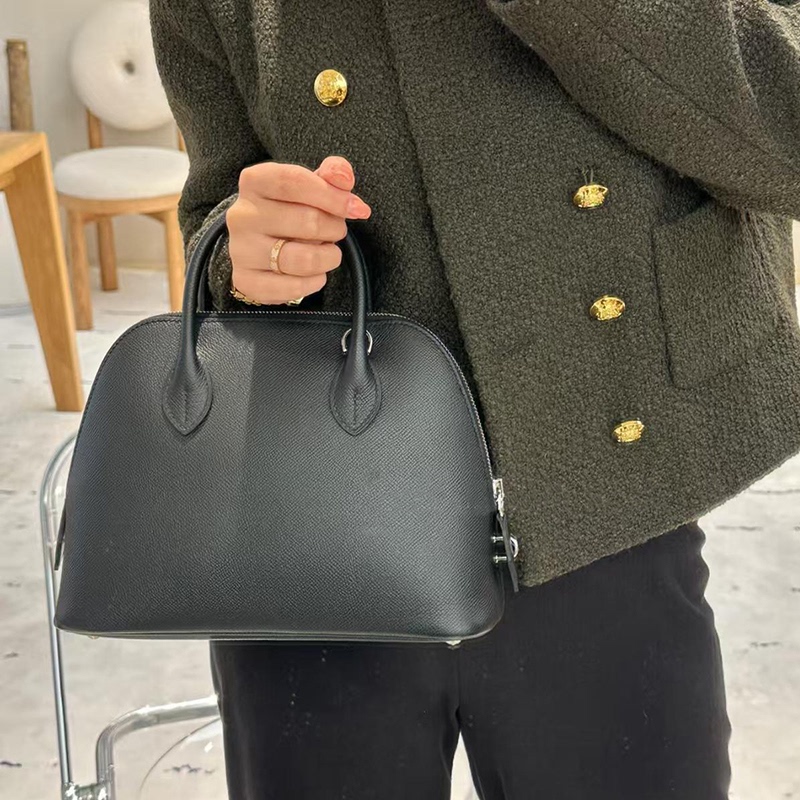 Fully Hand-Sewn with Wax Thread, Imported Epsom Leather 25cm Bowling Bag, Single Shoulder Crossbody, Eve Handbag, Shell Bag for Women