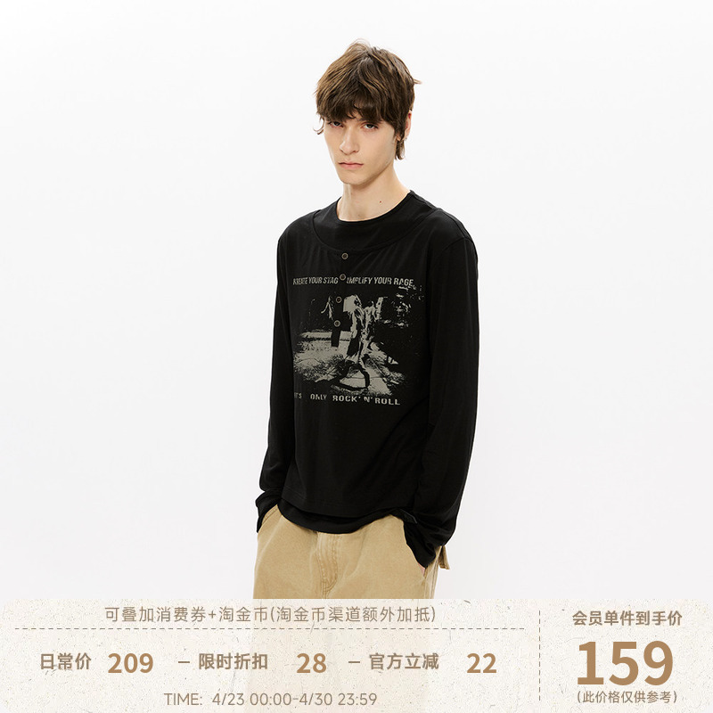 Kreate'Nirvana' Modal Original Yarn Fake Two-Piece Henry Collar Long Sleeve T-Shirt Same Style as Wang Lujie