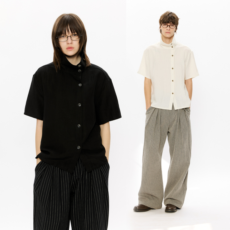 Kreate'Blade' Linen Lyocell Asymmetrical Placket Stand Collar Multi-Shape Short Sleeve Shirt Handmade Contrast Color Button Shirt