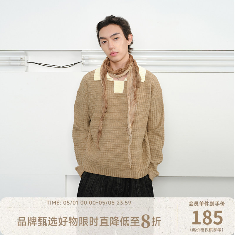 【Waffle Polo】Kreate Color-Block Lapel Corn Pattern Couple's Loose Sweater Men's Autumn and Winter Knitted Top