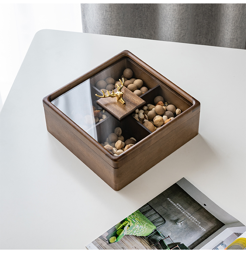 Solid wood dried fruit plate creative compartment light luxury home dried fruit box with lid Chinese style living room snack candy box storage box