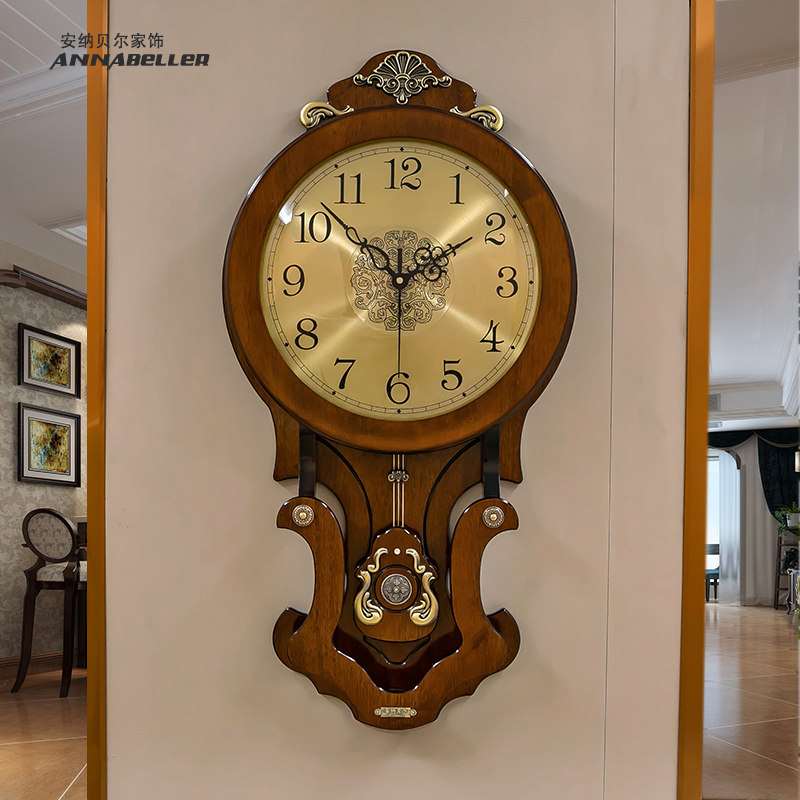 European-style retro creative wall clock Living room wooden swing clock American decoration home dining room modern atmosphere clock