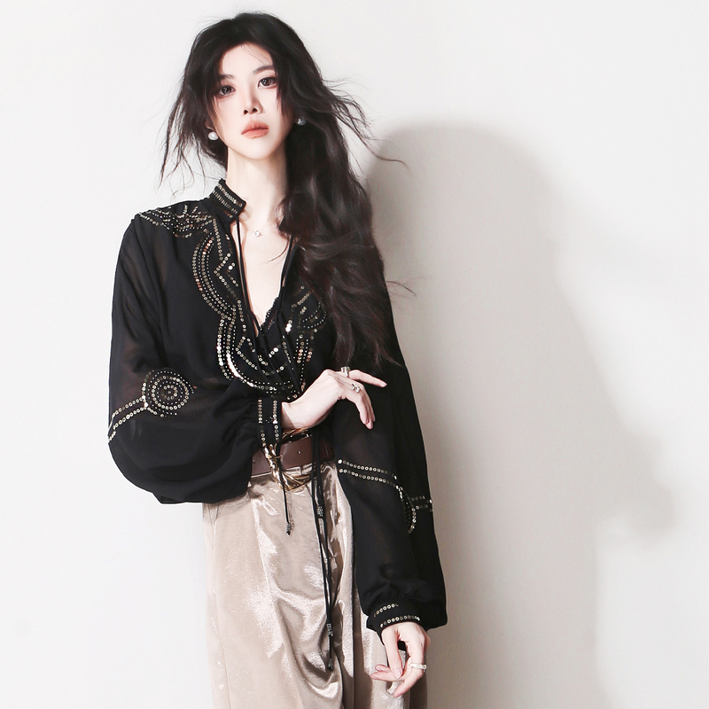 G34 Low-Key Sparkling Bling Sequin Retro V-Neck Tassel Tie Lantern Long-Sleeve Drapey Loose Slimming Shirt
