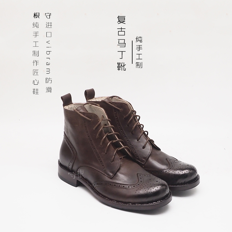 Retro oil wax coffee brown men's lace-up ankle boots round head leather bottom handmade durable non-opening glue Goodyear guarding the roots