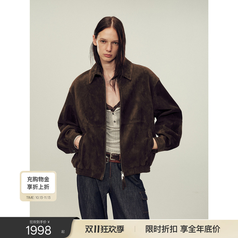 Fu Zhi En Imported First Layer Suede Sheepskin Genuine Leather Jacket for Women Row* Turn-Down Collar Leather Coat | Swiss Black Chocolate Fu Zhi En Imported First Layer Suede Sheepskin Genuine Leather Jacket for Women Row* Turn-Down Collar Leather Coat | Swiss Black Chocolate