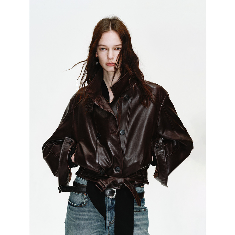 Fu Zhi En Imported Oil Wax Sheepskin Short Genuine Leather Jacket for Women, Double-Breasted Biker Jacket | Heartbeat Radio Fu Zhi En Imported Oil Wax Sheepskin Short Genuine Leather Jacket for Women, Double-Breasted Biker Jacket | Heartbeat Radio