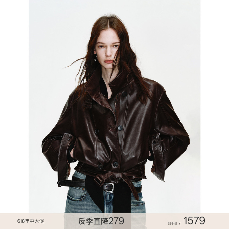 Fu Zhi En Heartbeat Radio Imported Oil Wax Sheepskin Double-Breasted Biker Style Short Genuine Leather Jacket for Women Fu Zhi En Heartbeat Radio Imported Oil Wax Sheepskin Double-Breasted Biker Style Short Genuine Leather Jacket for Women