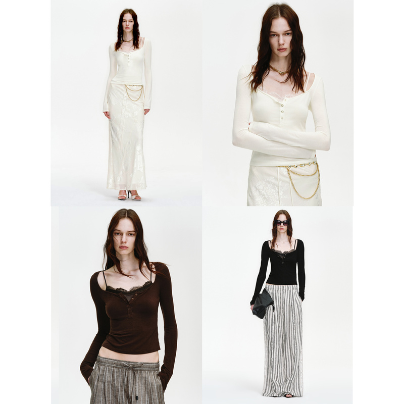 Fu Zhi En Fashionable and Sophisticated Deconstructed Two-Piece Lace Strap Patchwork Slim-Fit Short Long-Sleeve T-Shirt Top for Women