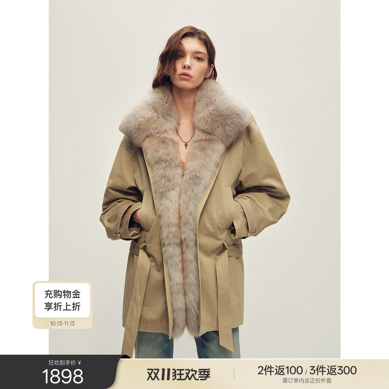 Fu Zhi En's Stylish Fur Parka with Detachable Raccoon Fur Collar/Inner Lining, Stand-Up Collar, Belt, Mid-Length Trench Coat
