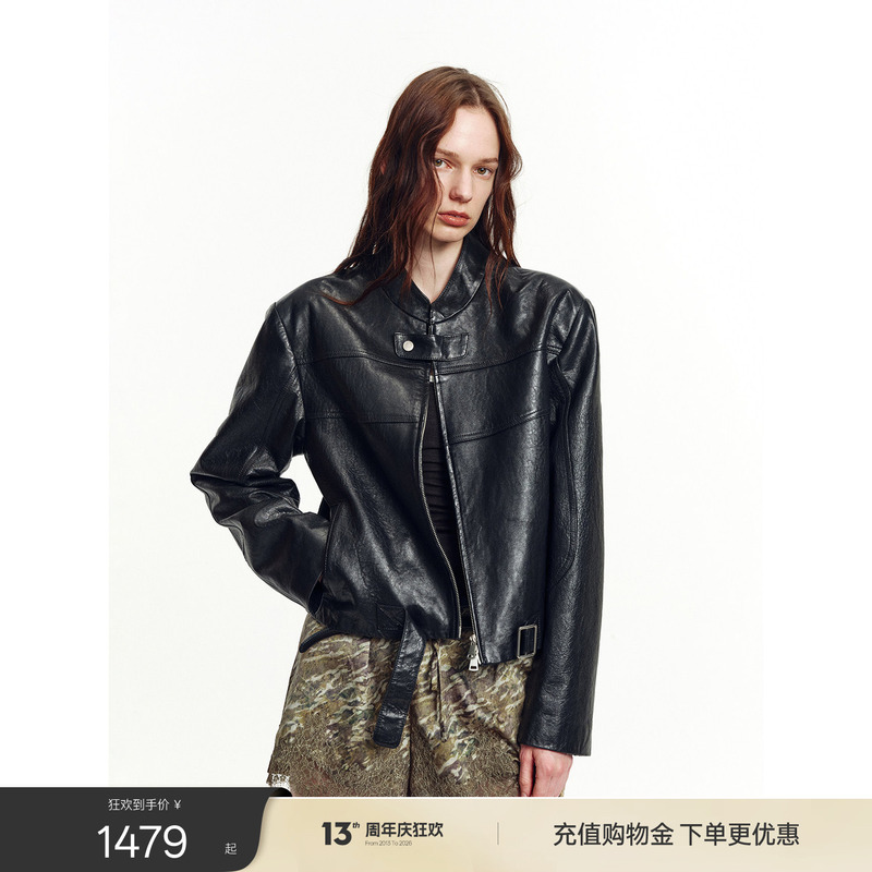 Fu Zhi En Imported Oil Wax/Suede Sheepskin Motorcycle Jacket for Women with Stand Collar Genuine Leather Jacket | Caramel Mountain