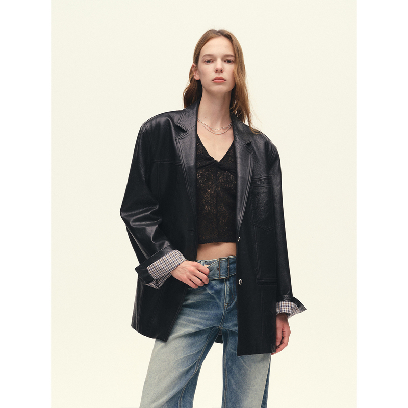 Fuzhi En Vegetable-Tanned Oil Wax/Suede Sheepskin Suit Jacket for Women, Mid-Length Genuine Leather Coat | Leather Western Style Fuzhi En Vegetable-Tanned Oil Wax/Suede Sheepskin Suit Jacket for Women, Mid-Length Genuine Leather Coat | Leather Western Style