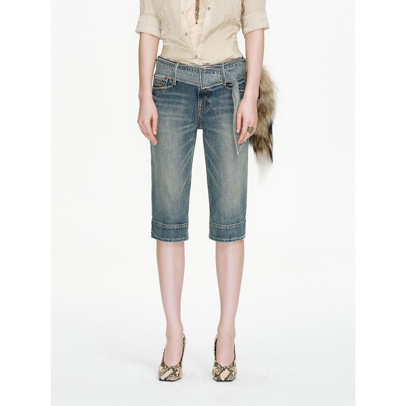 Fu Zhi'En Retro Wide Waistband Slim Mid-Low Waist Cropped Denim Pants for Women with Slit and Rolled Hem Design, Washed Mid-Length Pants