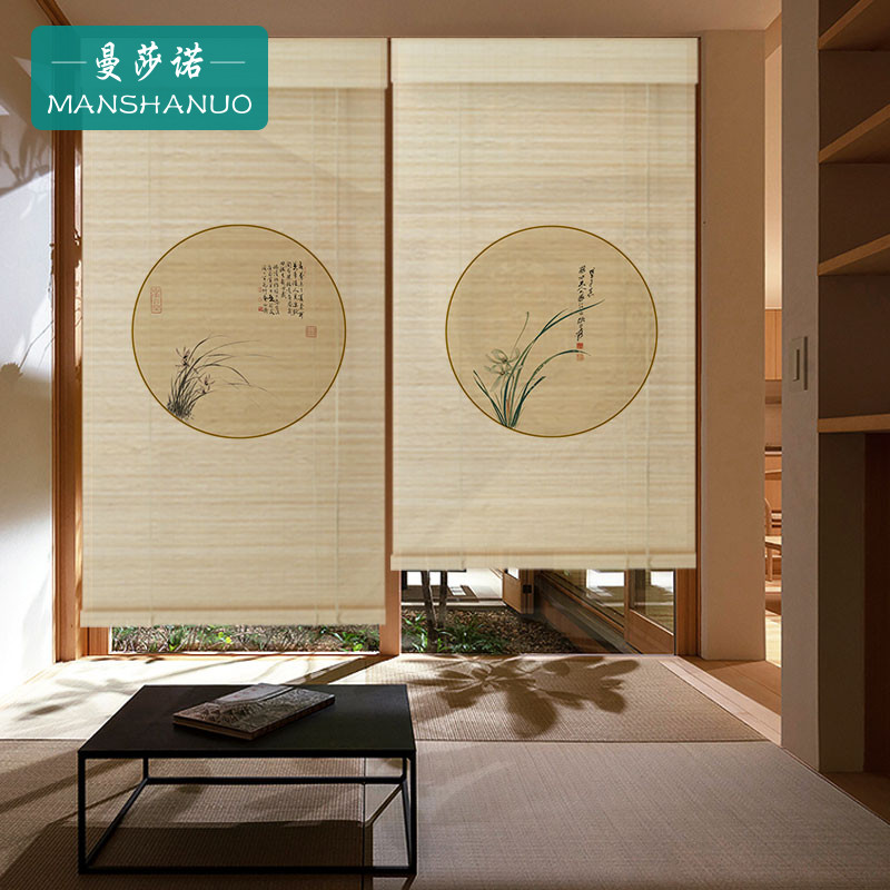 Customize the new Chinese curtain bamboo curtain roller shutter Retro Zen Mood Tea Room Space Partition Folk decoration shading and lifting blinds