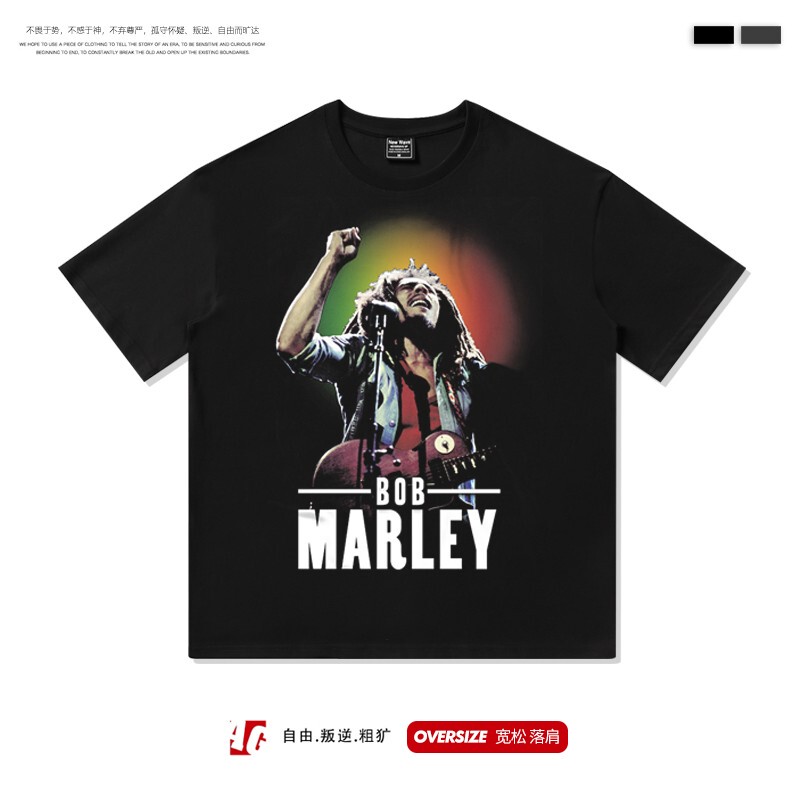 Bobmarley Short-Sleeved T-Shirt for Men, Trendy ins High Street Fashion Brand, Loose Fit, Pure Cotton, Summer Dark Style, Bf Bob Marley