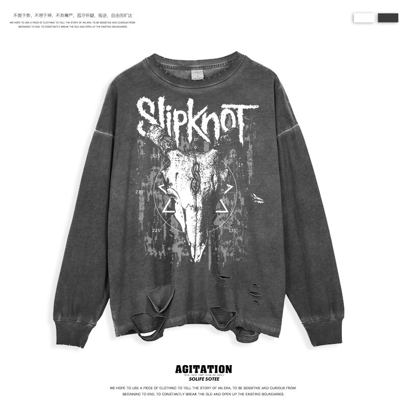 European and American Style High Street Washed Dark Gray Distressed Oversized Rock Long-Sleeve Unisex Top Slipknot