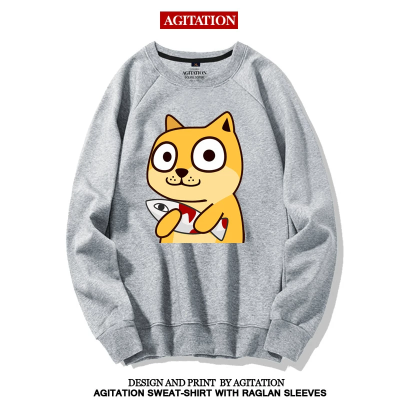 2018 thu đông mới khàn khàn tay dài doge in họa tiết cổ tròn tinh thần ô nhiễm giả áo len dài tay nam áo hoodie nam form rộng