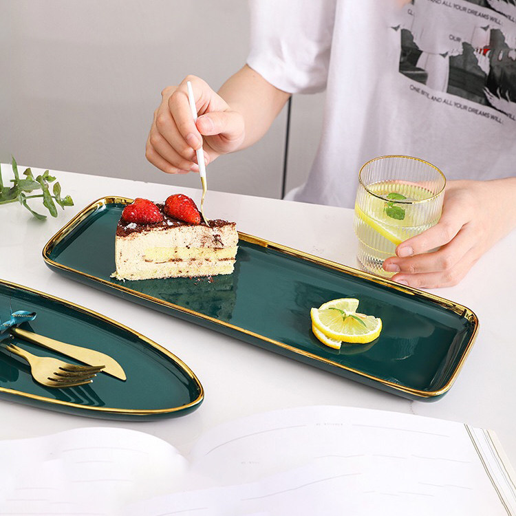 Nordic green luxury ceramic tableware western dish snack plate dessert plate Japanese long strip sushi plate fish plate fruit plate
