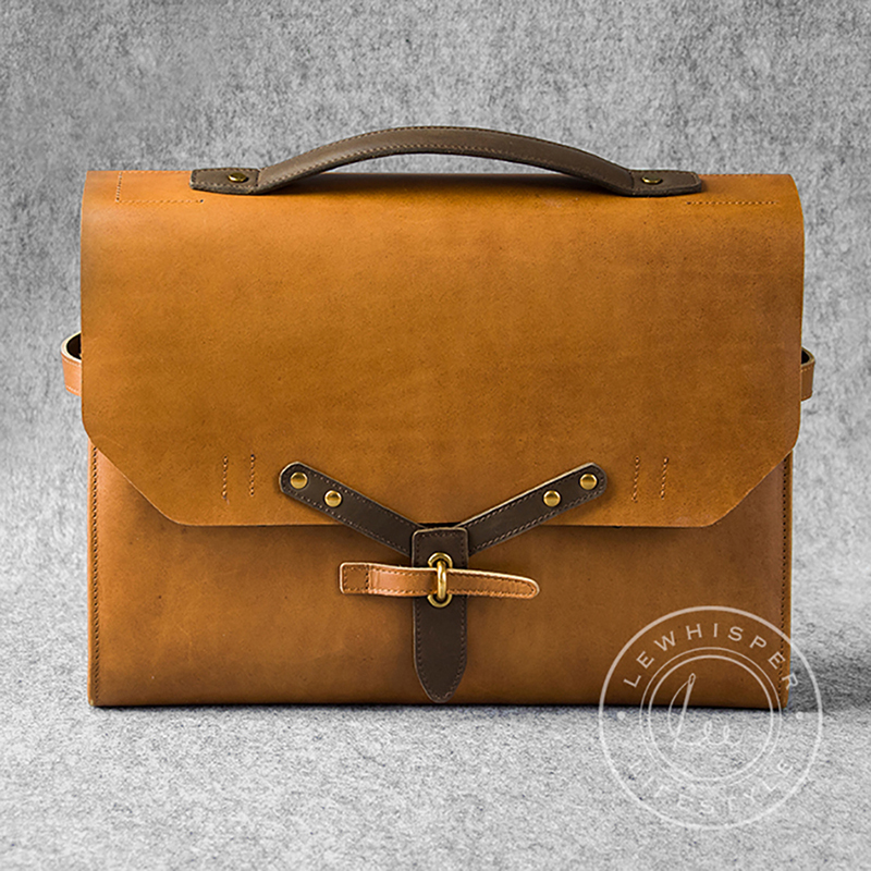 LeWhisper handmade front layer cowhide designer minimalist version multifunctional commuter messenger bag 15 inches