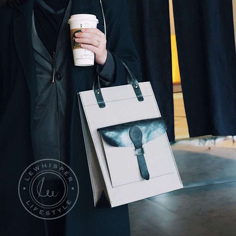 LeWhisper Import Washed Kraft Paper Hand Bag Splicing Bull Leather Yuppie Retro Handbag Shopping Bag