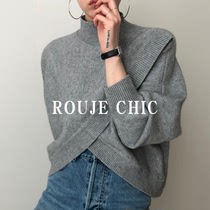 French Rouje Chic French niche design high collar crossover irregular loose knitted sweater for women