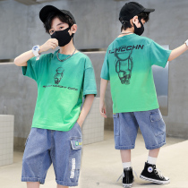 Boy suit summer fit 2022 new tide Han version children CUHK childrens pure cotton slim fit short sleeves jeans Two sets