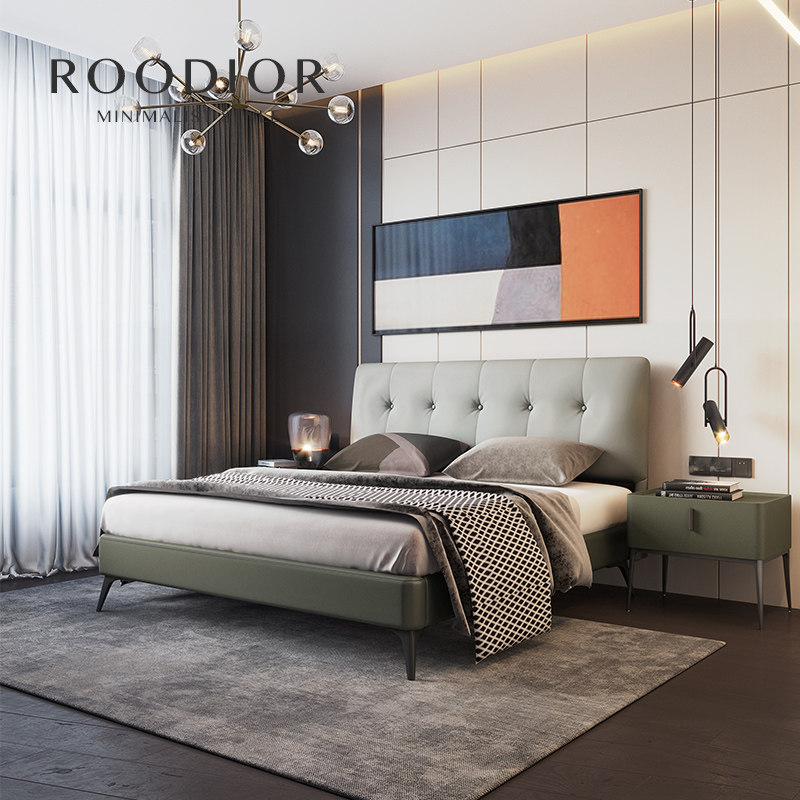 Rudai French retro leather bed modern minimalist style Nordic double bed pull button master bedroom soft package wedding bed