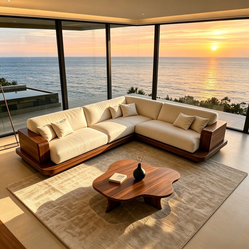 Song-Style Aesthetics, Simple Solid Wood Sofa, Living Room Corner Sofa, High-End Fabric Multi-Seater Sofa Furniture Set