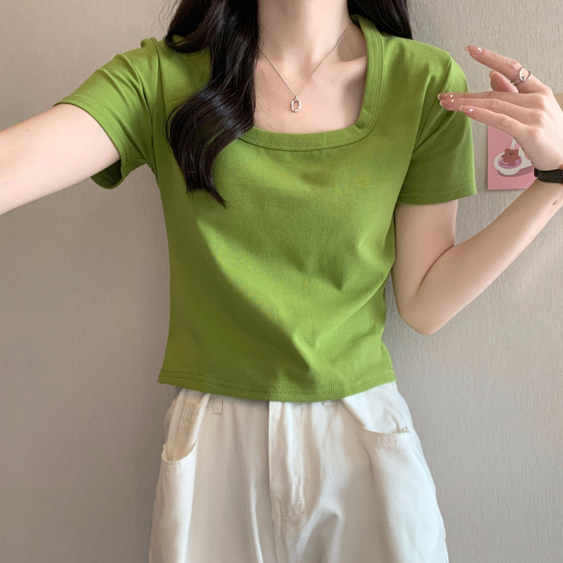 Avocado Green Short-Sleeved Square-Neck T-Shirt for Women 2026 Summer New Style Petite Hot Girl Slim Fit Short Top