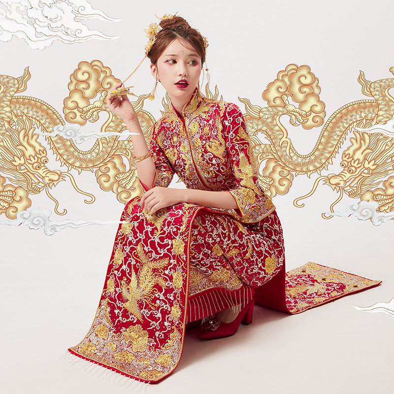 Big five blessing dragon and phoenix hanging Chinese Xiuhe summer 2021 new Xiuhe clothing bride wedding Hexiu clothing summer women