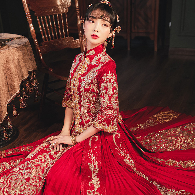 Heavy Industry Xiuhe Clothing Bride Wedding Dress 2021 New Summer Chinese Xiuhe Pregnant Women Wedding Dress Hexiu Clothing Female