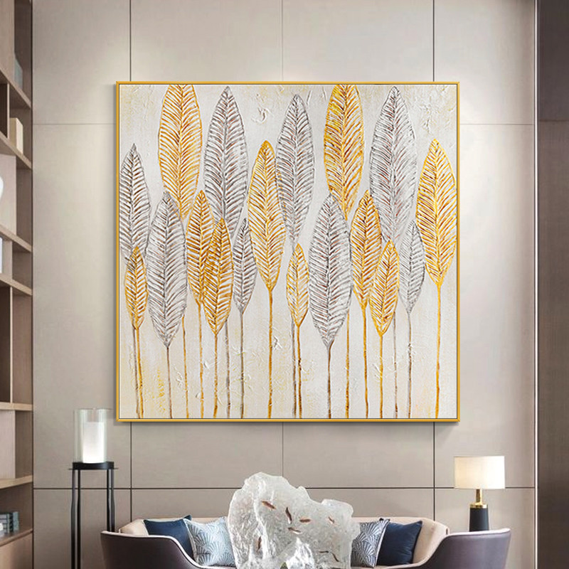 Living Room Xuanguan Sofa Hotel Lobby Dining Room Pure Hand-painted Oil Painting Atmosphere Gold Leaf Painting Leaves Hanging Painting Giant Mural Painting
