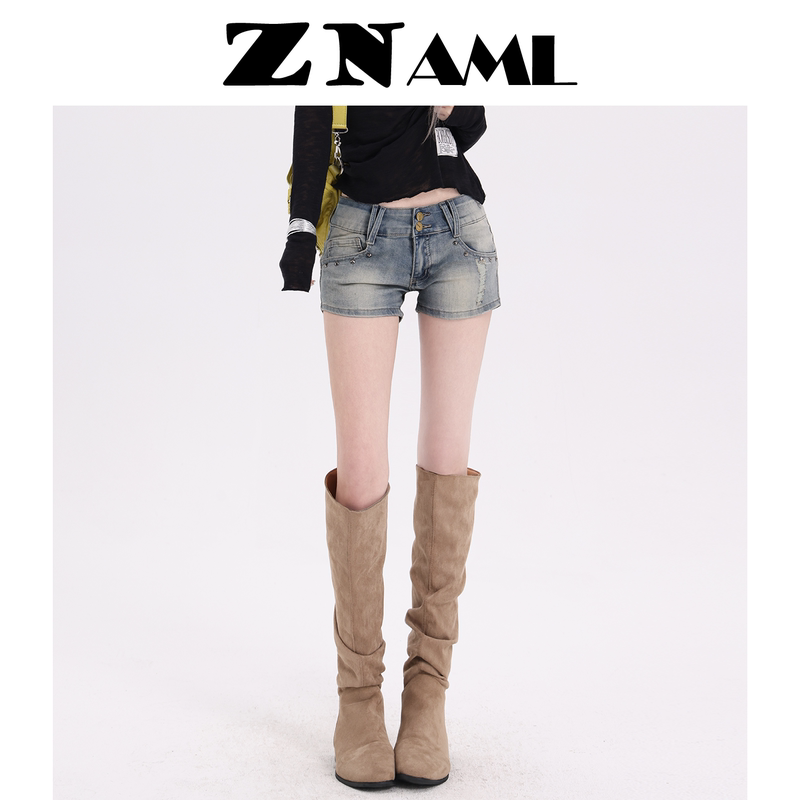 Blue Studded Low-Waist Denim Shorts for Women, 2026 Summer Thin Style, Vintage Elastic Slim-Fit Hot Girl Shorts