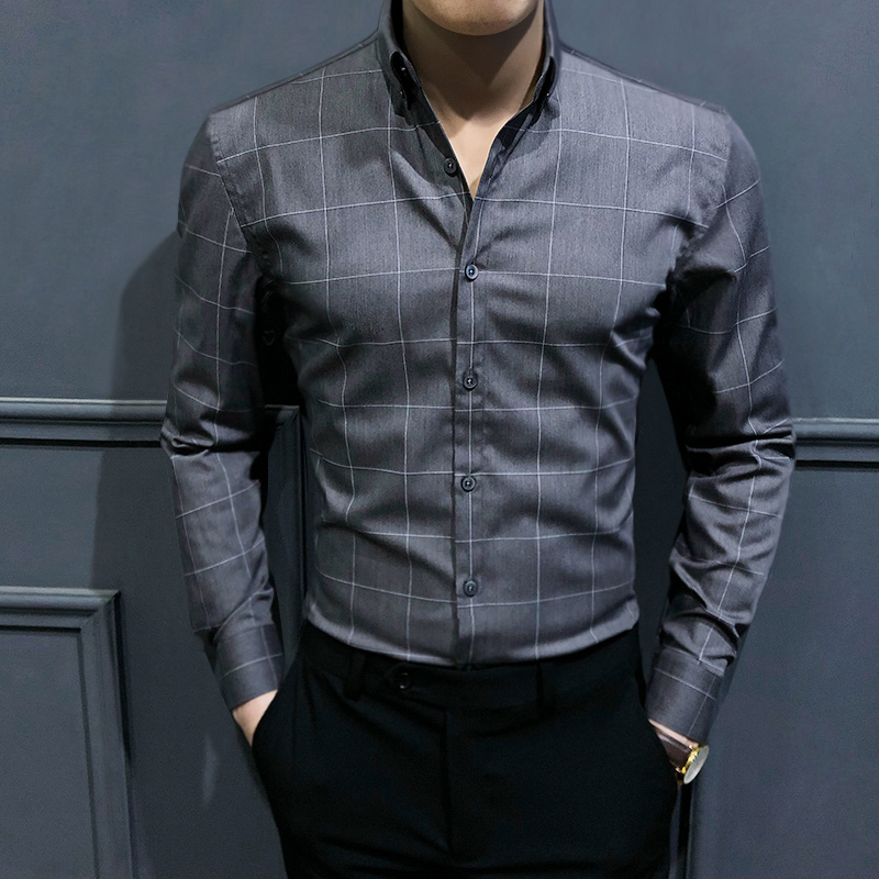 Rich Guido 2021 springtime plaid shirt male Korean version sashimi long sleeve Inron casual shirt for men free of ironing inch