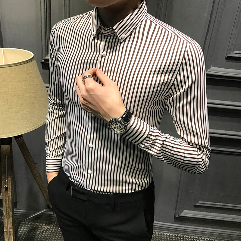 Rich Expensive Birds Spring Striped Long Sleeve Shirt Male Korean version Hull Handsome air vertical striped shirt Youth casual trendy men's clothing