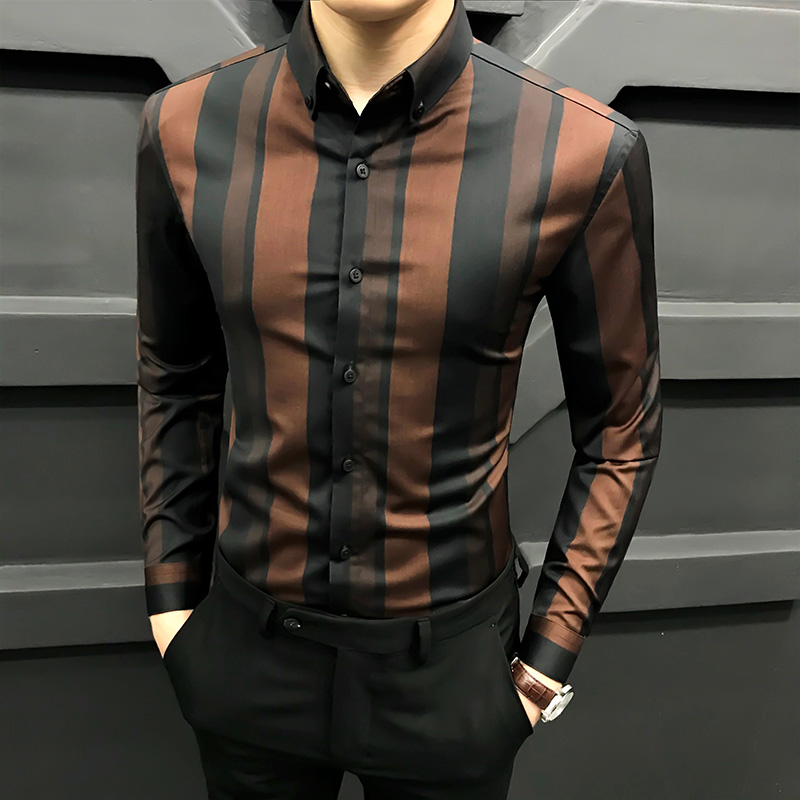 Fugui bird autumn winter striped shirt male long sleeve plus suede high-end light business casual men's shirt warm and warm.