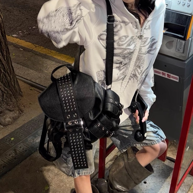 Trendy Blogger Style Punk Studded Backpack for Women, Soft Surface, Unique Street Fashion Backpack, Shoulder Bag Trendy Blogger Style Punk Studded Backpack for Women, Soft Surface, Unique Street Fashion Backpack, Shoulder Bag