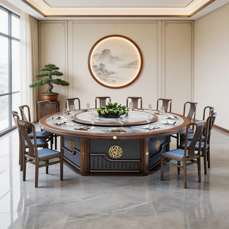 New Chinese-Style Electric Large Round Table with Rotating Hot Pot Table for 18 People in Restaurants, Hotels, and Clubs, Solid Wood and Slate Dining Table New Chinese-Style Electric Large Round Table with Rotating Hot Pot Table for 18 People in Restaurants, Hotels, and Clubs, Solid Wood and Slate Dining Table